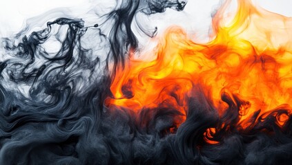 A close-up of burning flames and smoke against white background, with an orange glow and black swirls