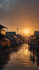 Wall Mural - sunset in wet market landscape background