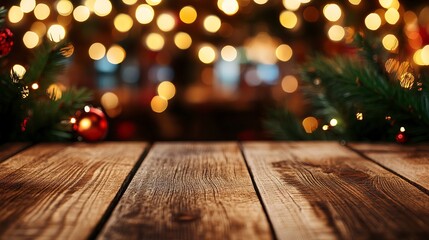 Poster - Cozy Wooden Table with Festive Bokeh Lights on Blurred Restaurant Background 