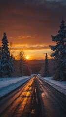 Wall Mural - sunset in winter road landscape background