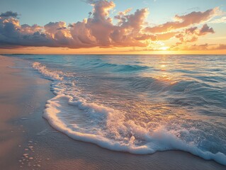 Wall Mural - Serene beach scene at sunset with gentle waves lapping against soft sand, vibrant clouds glowing in warm hues.