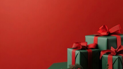 Wall Mural - green gifts with bright red bows and ribbons placed on green table against red background