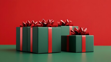 Poster - green gifts with bright red bows and ribbons placed on green table against red background