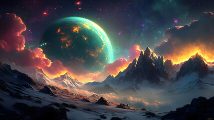 Wall Mural - A large planet with an orange glow in the sky over snow-covered mountains.