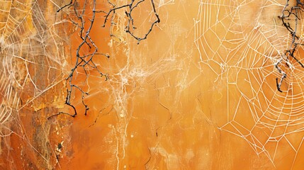 Spooky spider webs covering a shabby orange wall, creating an eerie and creepy Halloween backdrop with bright and contrasting colors, perfect for a haunted and mysterious atmosphere