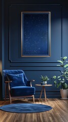 Wall Mural - Starry night sky with sleek wooden frame in astronomy enthusiast?s room. Dark blues and twinkling stars