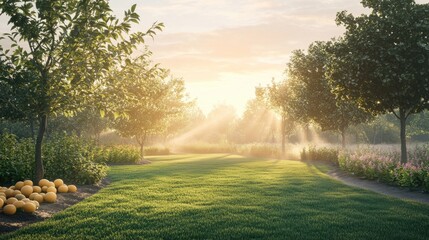 Wall Mural - sunbeams illuminate a lush green field. this image is perfect for showcasing tranquility and natural