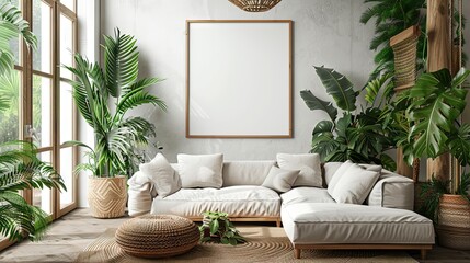 Tropical jungle mural with wooden frame mockup in bohemian living room. Lush greenery and vibrant colors