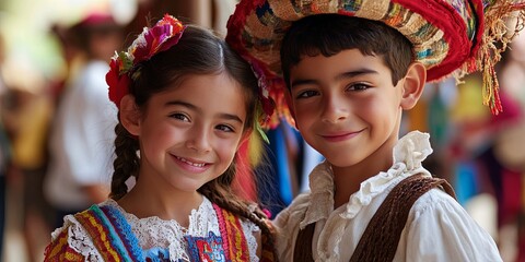 happy children in traditional folk costumes smiling portraits