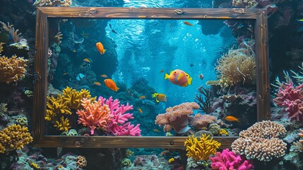 Underwater coral reef with wooden frame in marine-themed bathroom. Vibrant colors and aquatic life