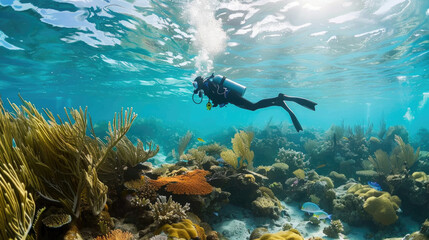 A diver navigates through colorful coral reefs bustling with fish and marine vegetation beneath a bright sky