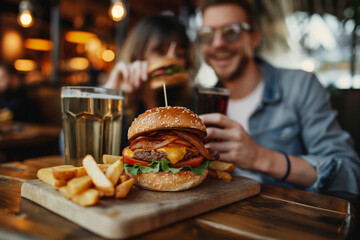 A happy couple eating fresh hamburger at pub restaurant table.