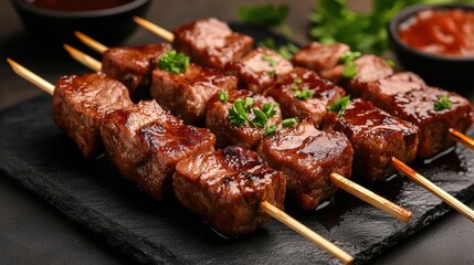 Grilled meat skewers on slate plate. A close-up shot of delicious, perfectly grilled meat skewers for a tempting food photography.