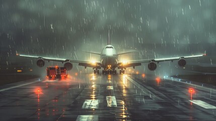 Wall Mural - A Boeing 747-400 accelerating down a rain-soaked runway in the middle of a severe typhoon, strong winds and heavy rain reducing visibility