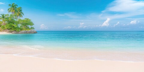 Wall Mural - Beautiful tropical beach with sand,turquoise water,palm tree and blue sky.