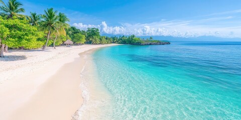 Wall Mural - Beautiful tropical beach with sand,turquoise water,palm tree and blue sky.