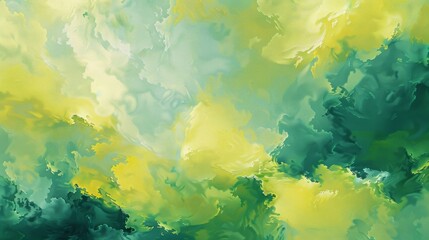 Wall Mural - Abstract clouds and storms, bright and sunny vibes, high resolution, thick acrylic paint and colorbrush texture, yellow and greenish colour --ar 16:9 Job ID: ae1d6421-c59d-4f74-8ac6-ee4c35db4a11