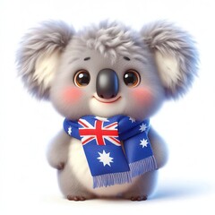 Wall Mural - cute 3d fluffy Koala character with Australia style scarf, white background