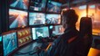 © AndreyFrol - Scene inside a control room, where an operator monitors what is happening on many monitors. The person sitting at the control panel watches traffic or other processes displayed on the screens.