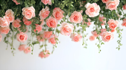 Wall Mural - White background with beautiful blooming pink roses hanging down.