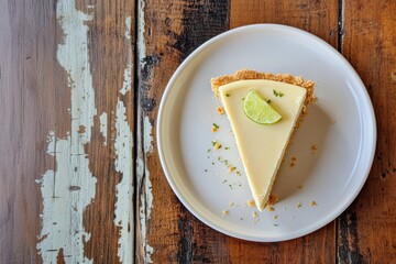 A slice of key lime pie with garnish of keylime and mint leaves on top of a white plate. 