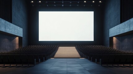 Perspective view on big blank white illuminated screen with place for your text or logo in empty huge hall with scene, stairs and rows of seats. 3D rendering, mock up.