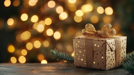 Poster - gift box on table with blur Christmas tree and golden festive bokeh light background for special holiday 