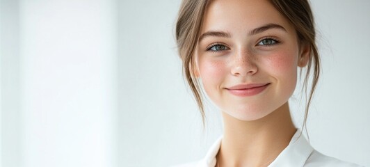 Headshot of a confident smiling young woman radiating positivity and natural beauty in a contemporary minimalist studio setting  Her friendly expression and polished