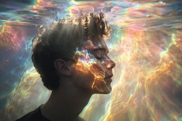 Wall Mural - A Man's Face Under Water with Iridescent Light