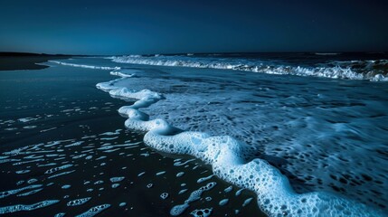 Dark blue sea with white foam on the beach at night.