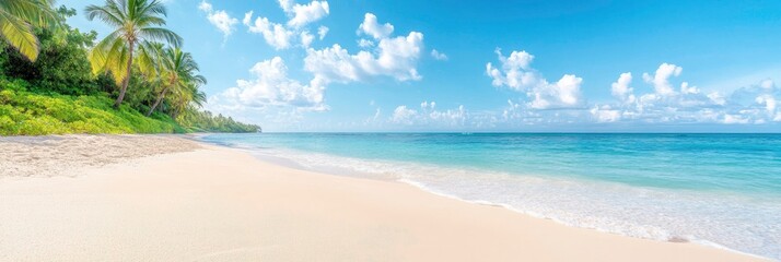 A clear, sandy beach with a panoramic view of the cloudy, sunny sky, a picturesque natural setting, and the stunning sea on a sunny day