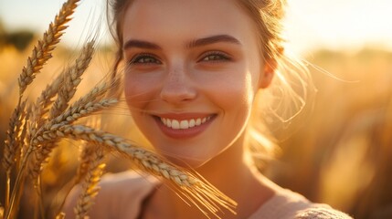 Poster - A young woman smiles brightly in a golden wheat field. The soft light creates a warm atmosphere. This image captures joy, nature, and beauty in everyday life. Ideal for lifestyle themes. AI