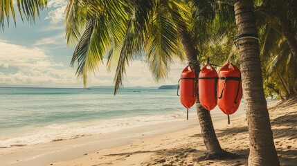 Rescue tubes attached to palm trees on a serene beach, illustrating how emergency equipment is integrated into tropical environments.