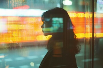 Canvas Print - Silhouette of a Woman Against a Blurred Cityscape at Night