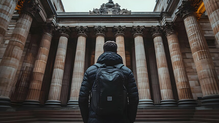 A man with a backpack standing in front of a building with columns.