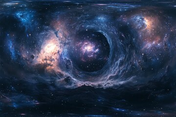 Wall Mural - 360 degree space background with nebula and stars, equirectangular projection, environment map. HDRI spherical panorama. 3d illustration with generative ai