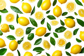 Pattern of whole and sliced lemons scattered with green leaves in isolated, transparent background