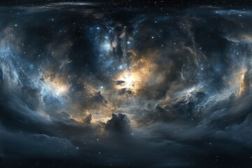 Wall Mural - 360 degree space background with nebula and stars, equirectangular projection, environment map. HDRI spherical panorama. 3d illustration with generative ai