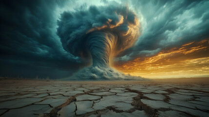 Wall Mural - A massive tornado forms in a dramatic sky over a cracked earth landscape.