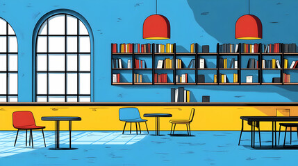 Wall Mural - A modern, minimalist cafe with blue walls, yellow trim, and a bookshelf filled with books.