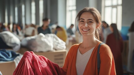 Smiling young Caucasian woman distributing clothes in a busy donation center with natural daylight streaming through windows