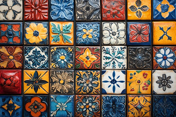 Brightly colored tiles with traditional patterns. Arranged neatly on the wall, each tile is painted with a unique design.