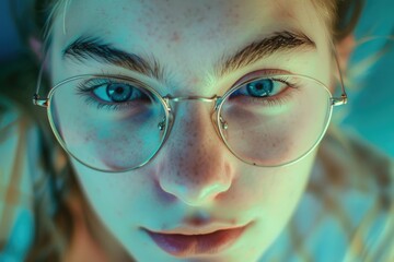 A close-up image of a female with blue eyes, wearing glasses and looking at the camera