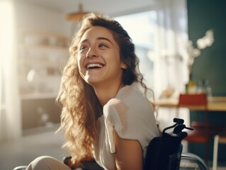 A young woman in a wheelchair smiling at the camera, indoors.