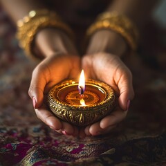 Close-up of woman's hands holding a lit diya, a traditional oil lamp, with a soft, warm glow emanating from the flame.