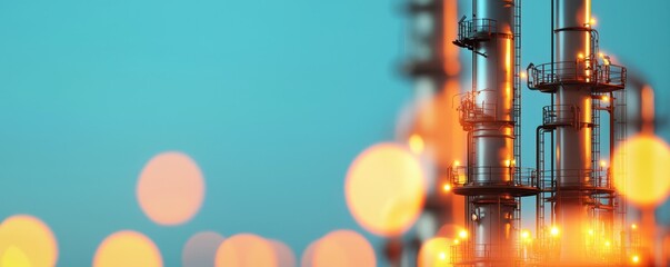 Close-up view of industrial oil refinery towers glowing against a blue backdrop, showcasing modern energy production technology.