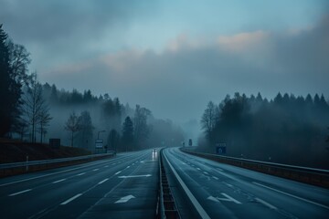 Canvas Print - a photo of a deserted German highway turn with roadsign, car, vehicle, dusk, 