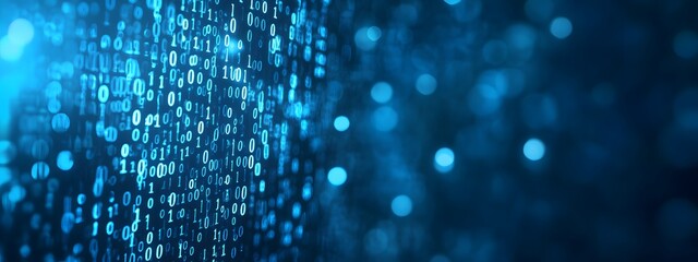 Digital binary code background with a bokeh effect, symbolizing data technology and information exchange in the digital age