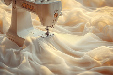 Close-up of a sewing machine and materials ,Manufacturing process for women or accessories in the fashion industry.