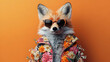 © Siasart Stock - A red fox wearing sunglasses and a floral jacket on an orange background.